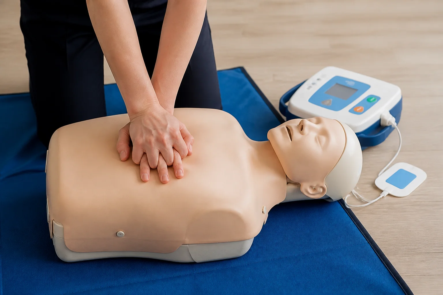 Adult CPR chest-compression practice on a training mannequin beside a training AED