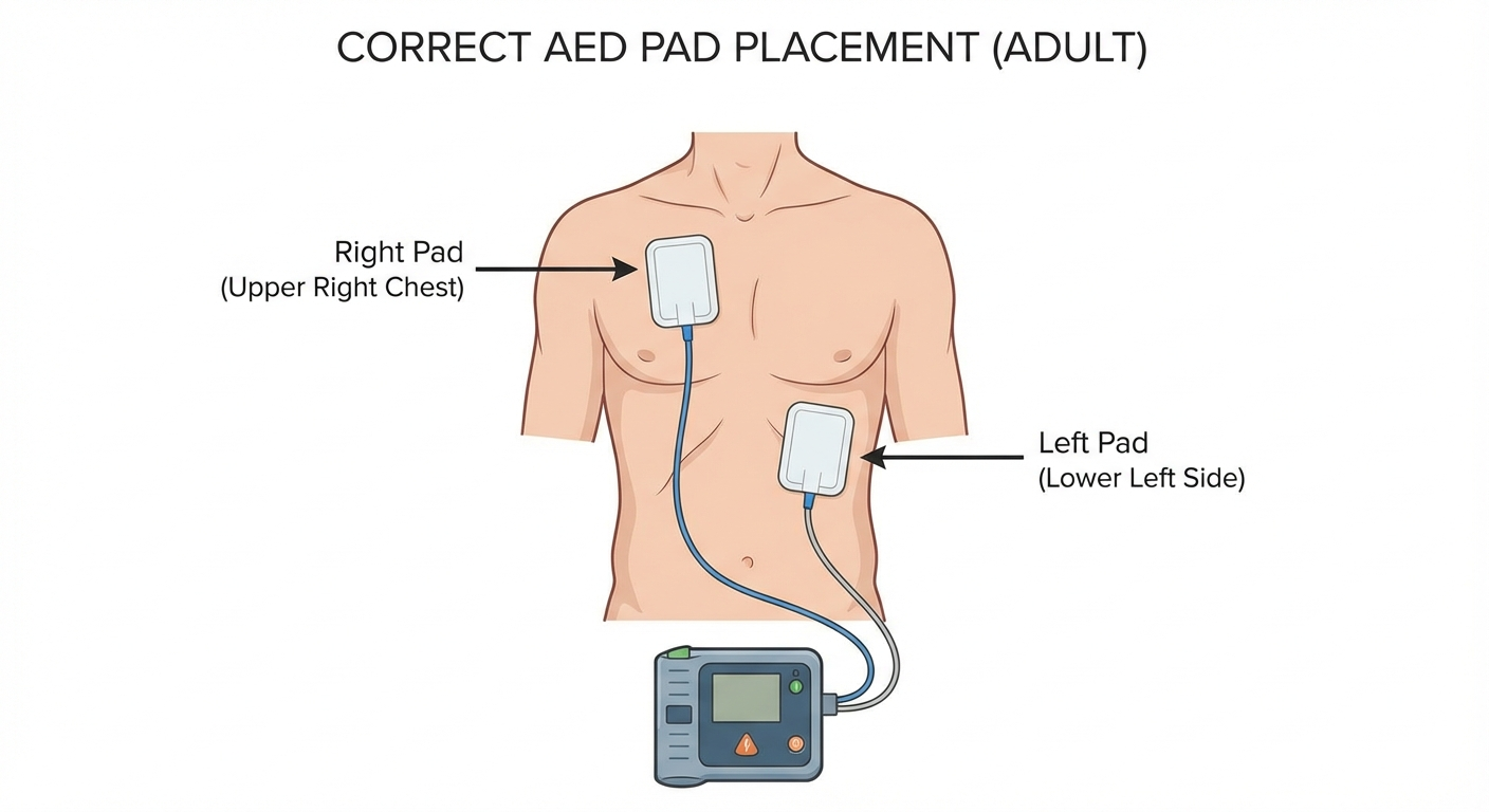 AED pad placement diagram showing correct positions on the chest
