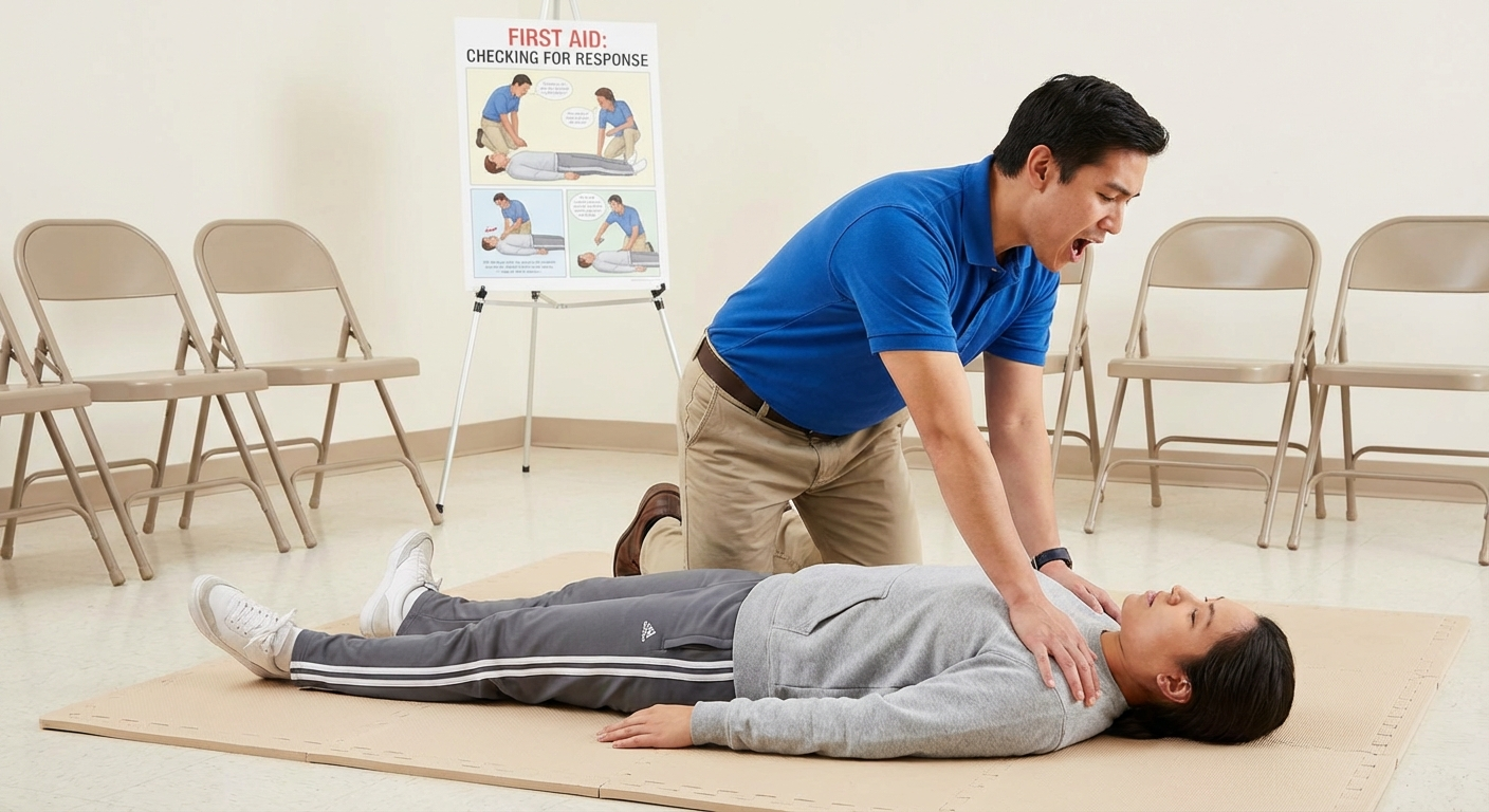 Rescuer checking responsiveness by tapping shoulders and shouting
