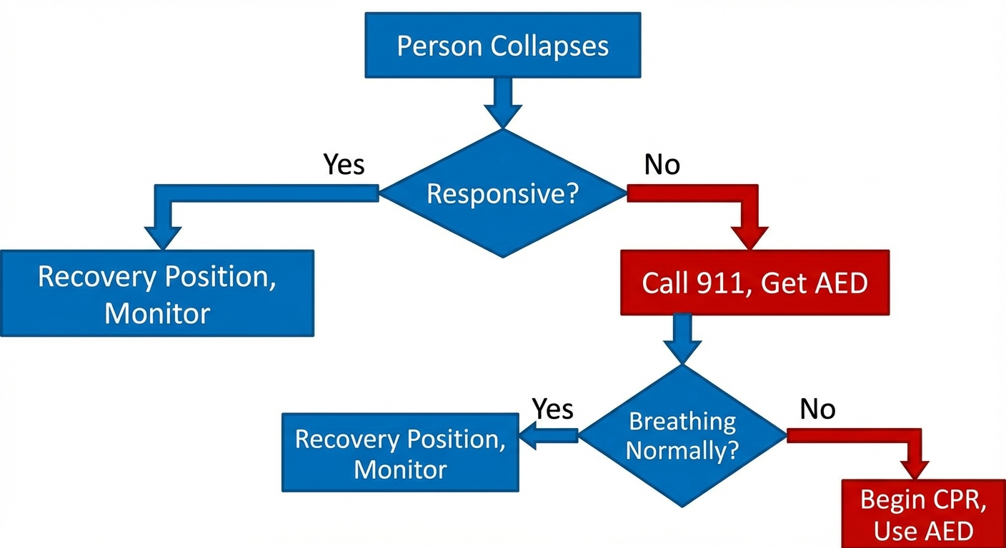 Decision flowchart for when to perform CPR — check responsiveness, breathing, and pulse