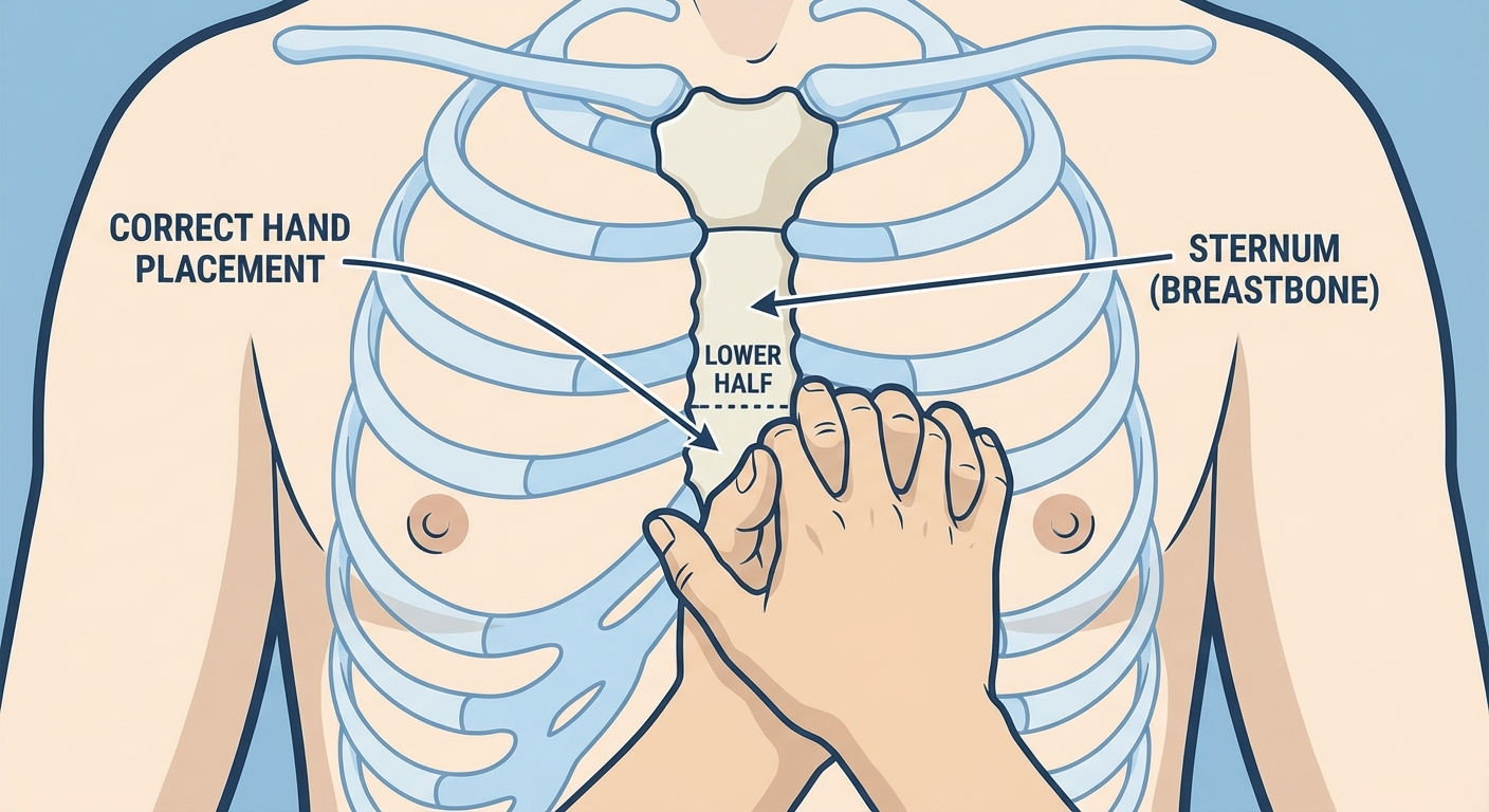 Correct hand placement for chest compressions — heel of hand on center of breastbone
