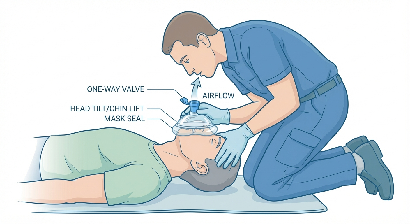 Rescue breathing technique with CPR pocket mask barrier device